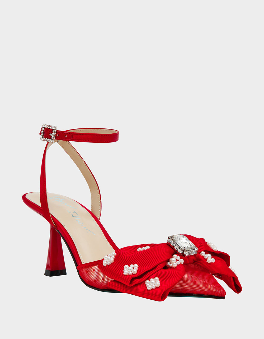 Betsey Johnson MARK RED Pointed-Toe Mesh Pump Rhinestone Bow Women's Heel