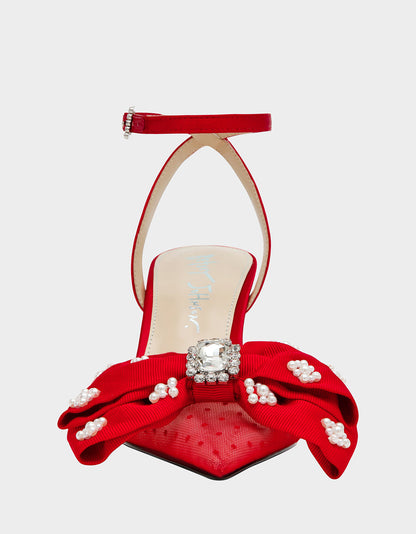 Betsey Johnson MARK RED Pointed-Toe Mesh Pump Rhinestone Bow Women's Heel