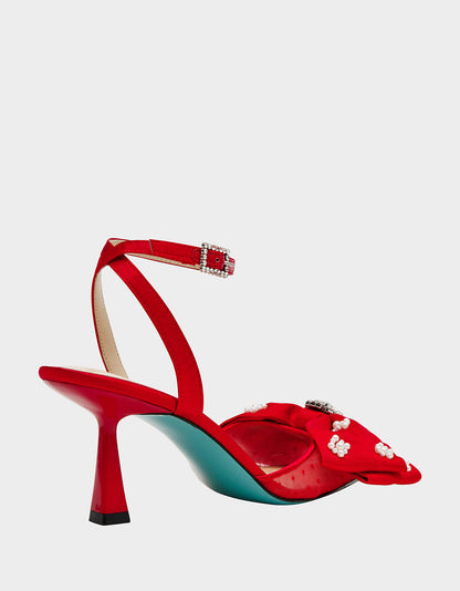 Betsey Johnson MARK RED Pointed-Toe Mesh Pump Rhinestone Bow Women's Heel