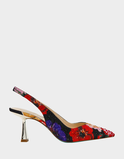 Betsey Johnson CLARK HEELS BLACK FLOWER MULTI Slingback Women's Kitten Heel