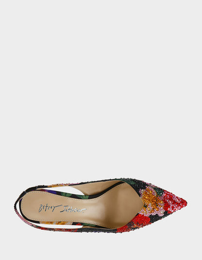 Betsey Johnson CLARK HEELS BLACK FLOWER MULTI Slingback Women's Kitten Heel