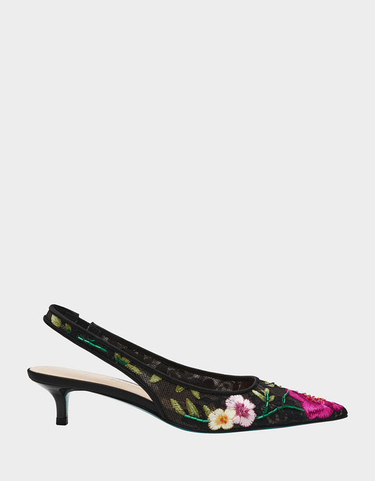 Betsey Johnson FELIX BLACK MULTI FLORAL Pointed-Toe Slingback Pump Kitten Heel