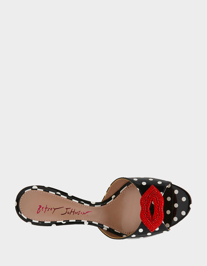 Betsey Johnson CASIDY WHITE BLACK POLKA DOT Women's Polka Dot Mule Heels with Rhinestone Lip