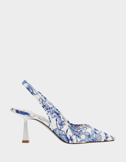 Betsey Johnson CLARK HEELS WHITE/BLUE FLORAL Women's Sling-Back Mesh Rhinestone Heel