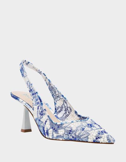 Betsey Johnson CLARK HEELS WHITE/BLUE FLORAL Women's Sling-Back Mesh Rhinestone Heel