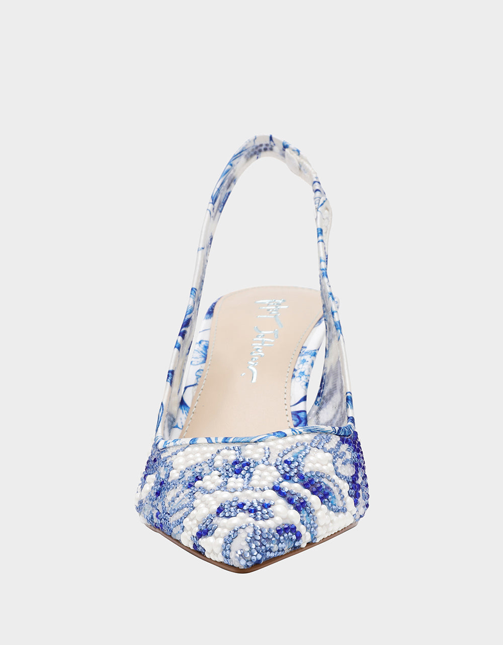 Betsey Johnson CLARK HEELS WHITE/BLUE FLORAL Women's Sling-Back Mesh Rhinestone Heel
