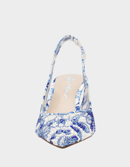 Betsey Johnson CLARK HEELS WHITE/BLUE FLORAL Women's Sling-Back Mesh Rhinestone Heel