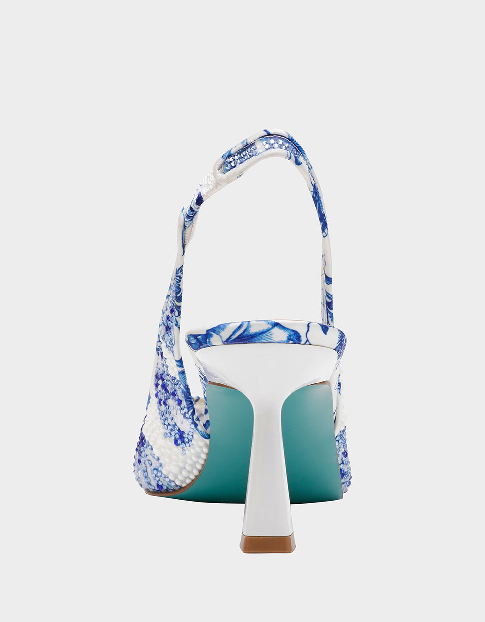 Betsey Johnson CLARK HEELS WHITE/BLUE FLORAL Women's Sling-Back Mesh Rhinestone Heel