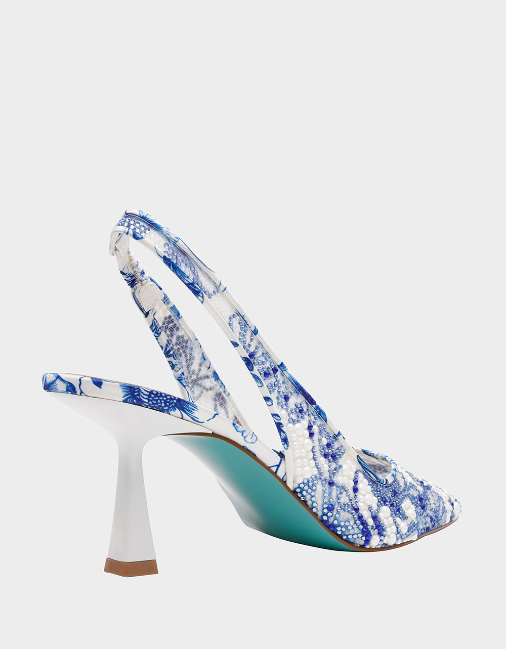Betsey Johnson CLARK HEELS WHITE/BLUE FLORAL Women's Sling-Back Mesh Rhinestone Heel