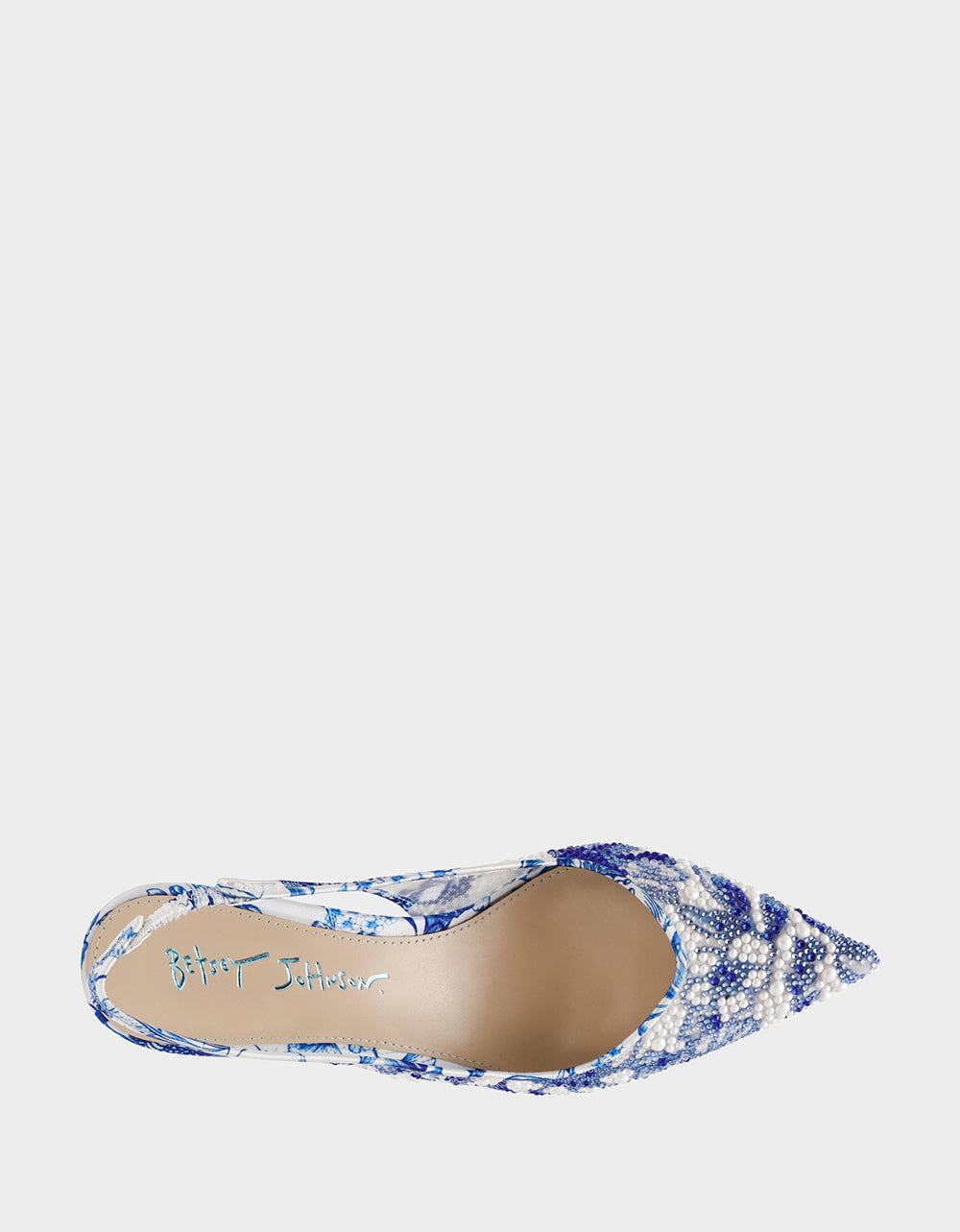Betsey Johnson CLARK HEELS WHITE/BLUE FLORAL Women's Sling-Back Mesh Rhinestone Heel