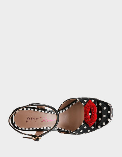 Betsey Johnson ALLYSON WHITE BLACK POLKA DOT Women's Platform Sandal Heels