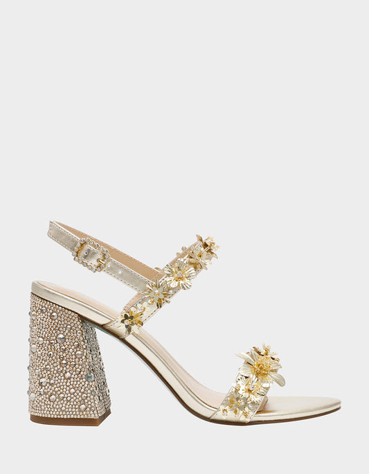 Betsey Johnson DRUE LIGHT GOLD Strappy Open-Toe Rhinestone Embellished Flower Women's Heel