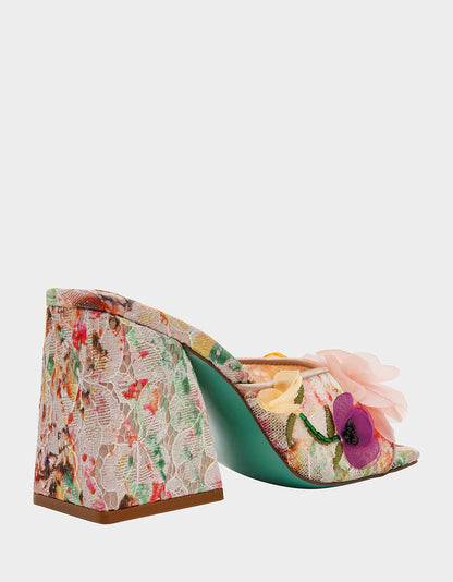 Betsey Johnson HEATH NUDE MULTI Women's Slip On Block Mule Floral Heel
