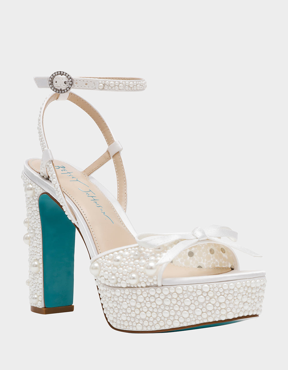 Betsey Johnson ENOLA PEARL Women's Strappy Block Heel Square-Toe Platform Pearl Embellished Women's Heel