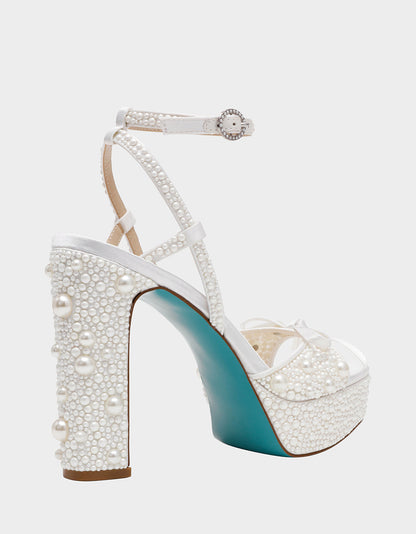 Betsey Johnson ENOLA PEARL Women's Strappy Block Heel Square-Toe Platform Pearl Embellished Women's Heel
