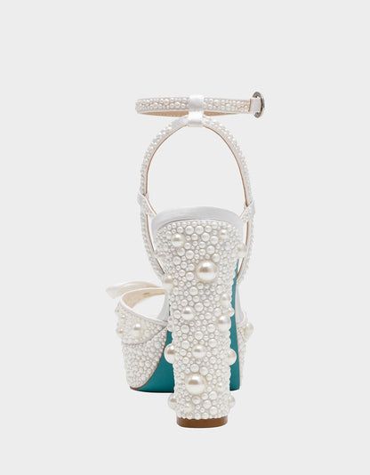Betsey Johnson ENOLA PEARL Women's Strappy Block Heel Square-Toe Platform Pearl Embellished Women's Heel