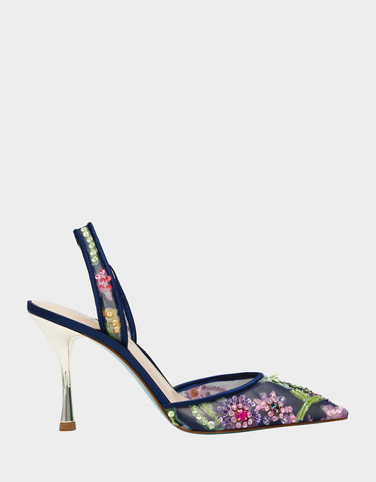 Betsey Johnson VELMA NAVY MULTI Pointed-Toe Stiletto Pump Mesh Heel