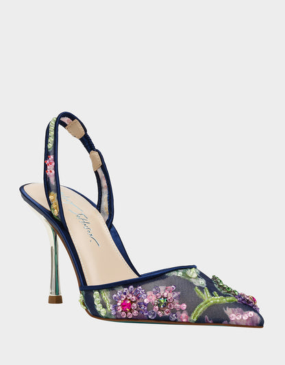 Betsey Johnson VELMA NAVY MULTI Pointed-Toe Stiletto Pump Mesh Heel