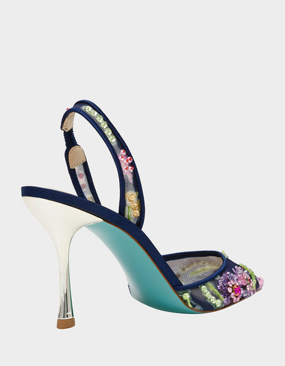 Betsey Johnson VELMA NAVY MULTI Pointed-Toe Stiletto Pump Mesh Heel