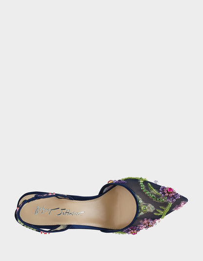Betsey Johnson VELMA NAVY MULTI Pointed-Toe Stiletto Pump Mesh Heel