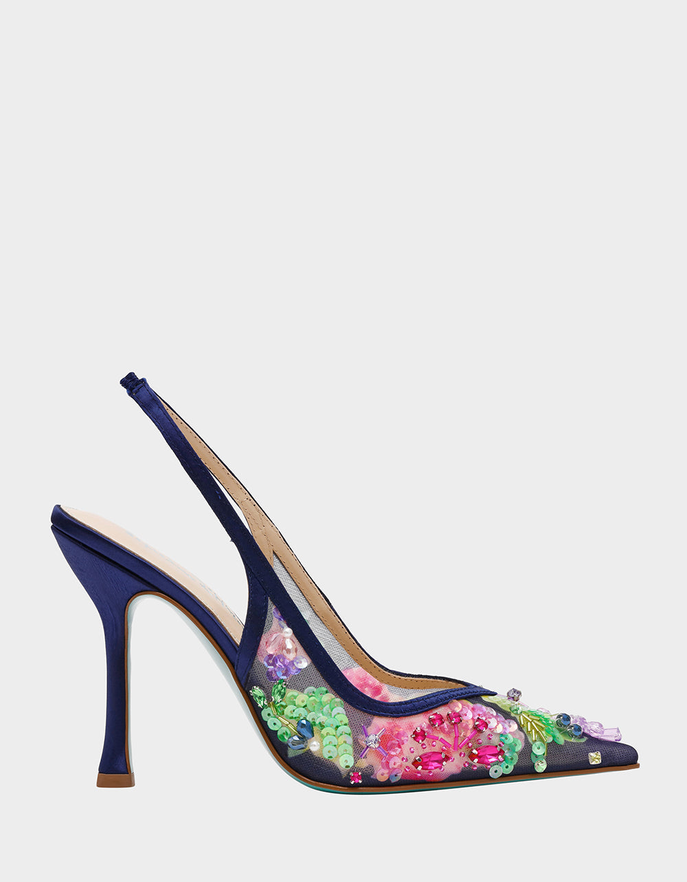 Betsey Johnson EDDIE NAVY MULTI Women's Floral Embellished Slingback Mesh High Heel