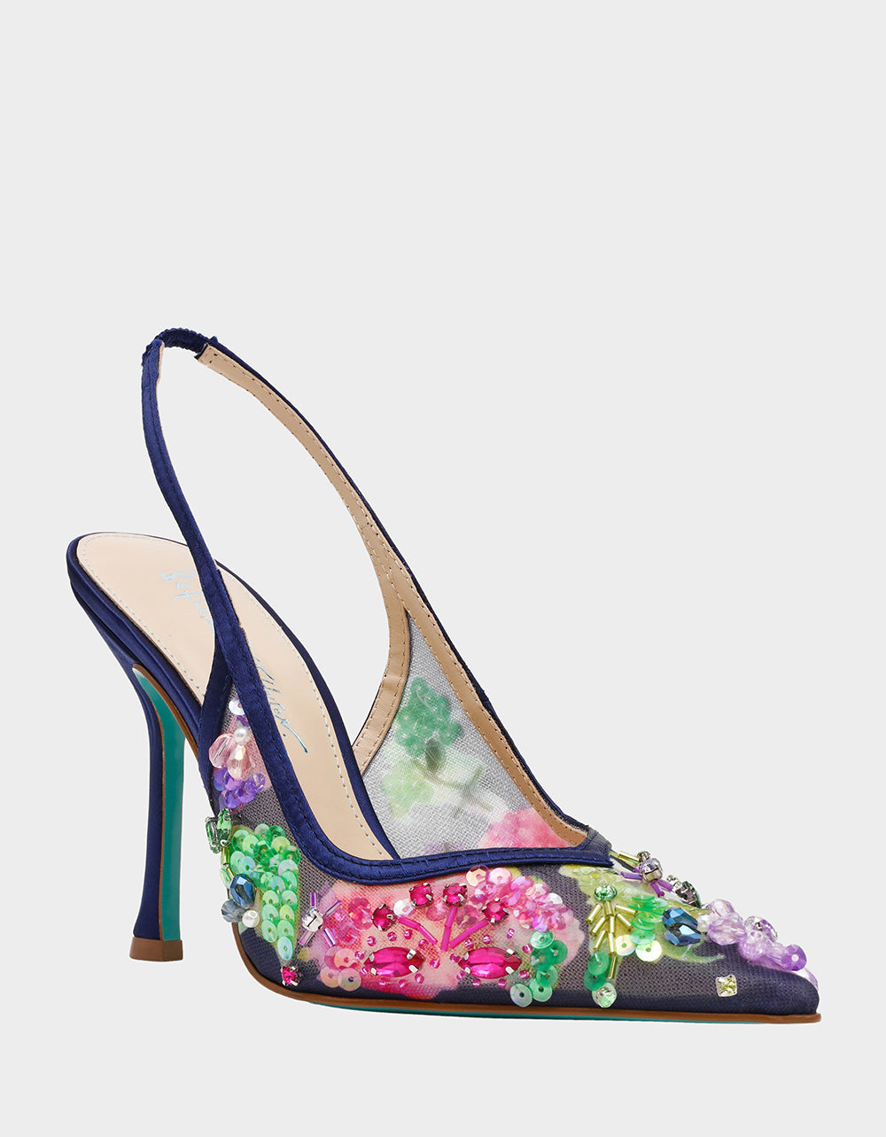 Betsey Johnson EDDIE NAVY MULTI Women's Floral Embellished Slingback Mesh High Heel