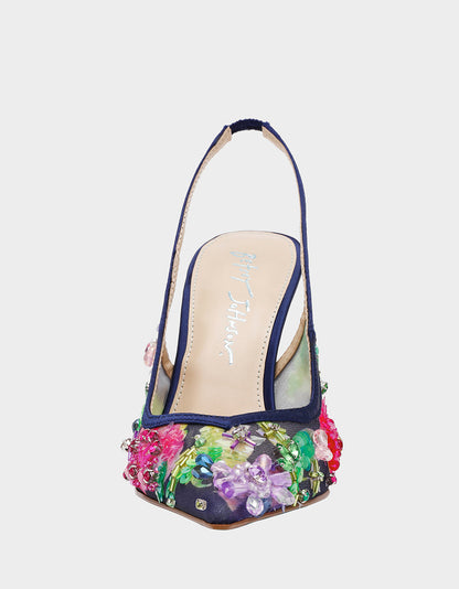 Betsey Johnson EDDIE NAVY MULTI Women's Floral Embellished Slingback Mesh High Heel