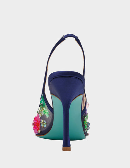 Betsey Johnson EDDIE NAVY MULTI Women's Floral Embellished Slingback Mesh High Heel