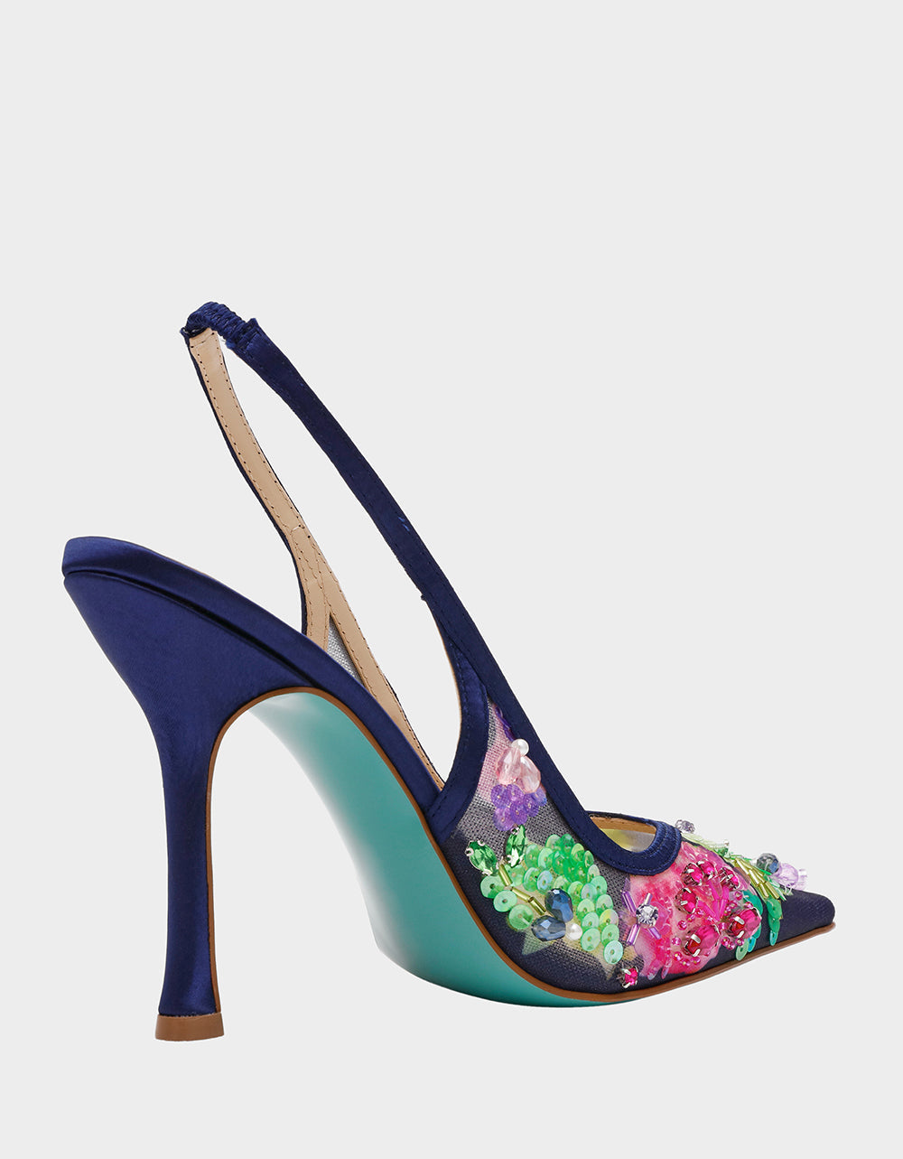 Betsey Johnson EDDIE NAVY MULTI Women's Floral Embellished Slingback Mesh High Heel