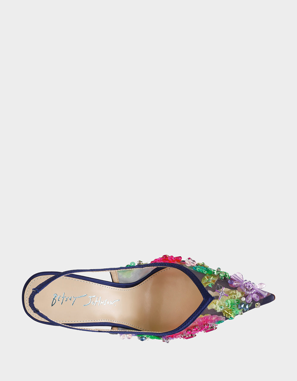 Betsey Johnson EDDIE NAVY MULTI Women's Floral Embellished Slingback Mesh High Heel