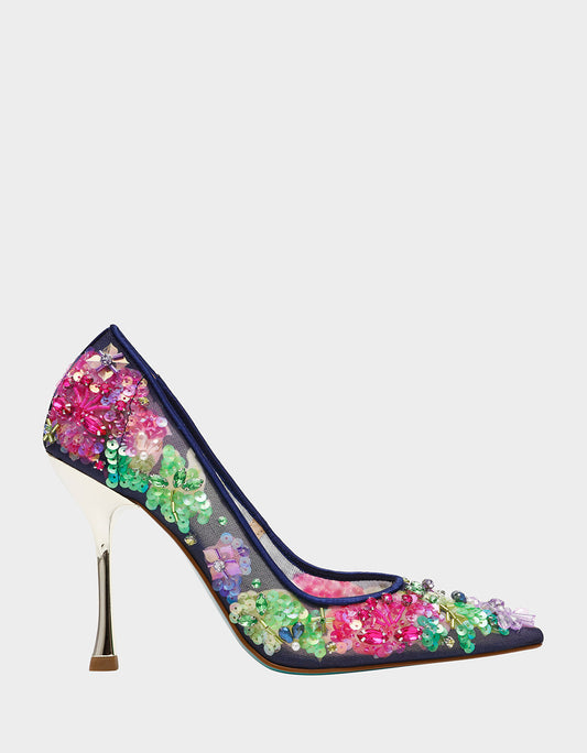 Betsey Johnson NETTA NAVY MULTI Women's Floral Embellished Navy Mesh High Heel
