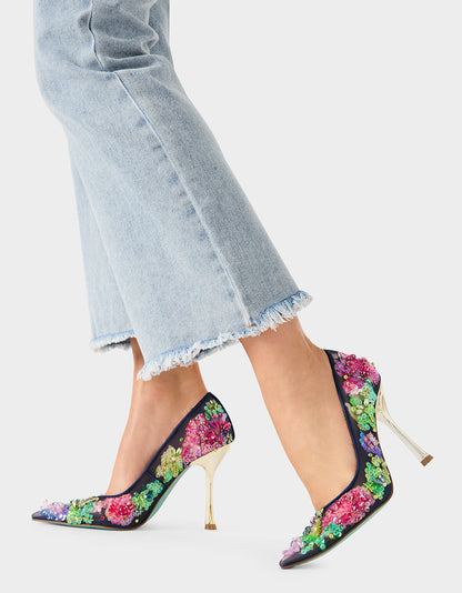 Betsey Johnson NETTA NAVY MULTI Women's Floral Embellished Navy Mesh High Heel