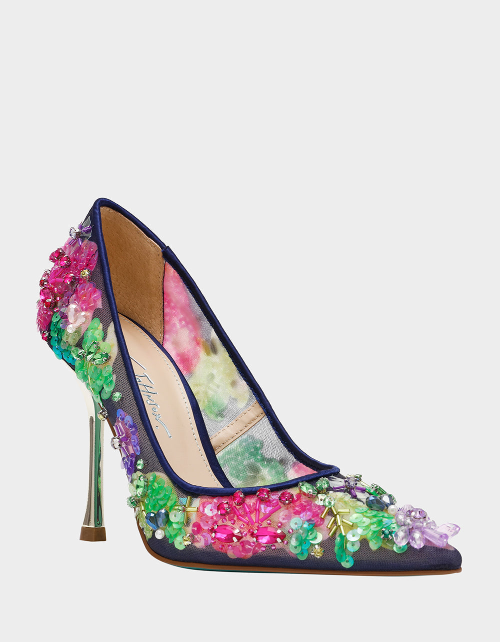 Betsey Johnson NETTA NAVY MULTI Women's Floral Embellished Navy Mesh High Heel