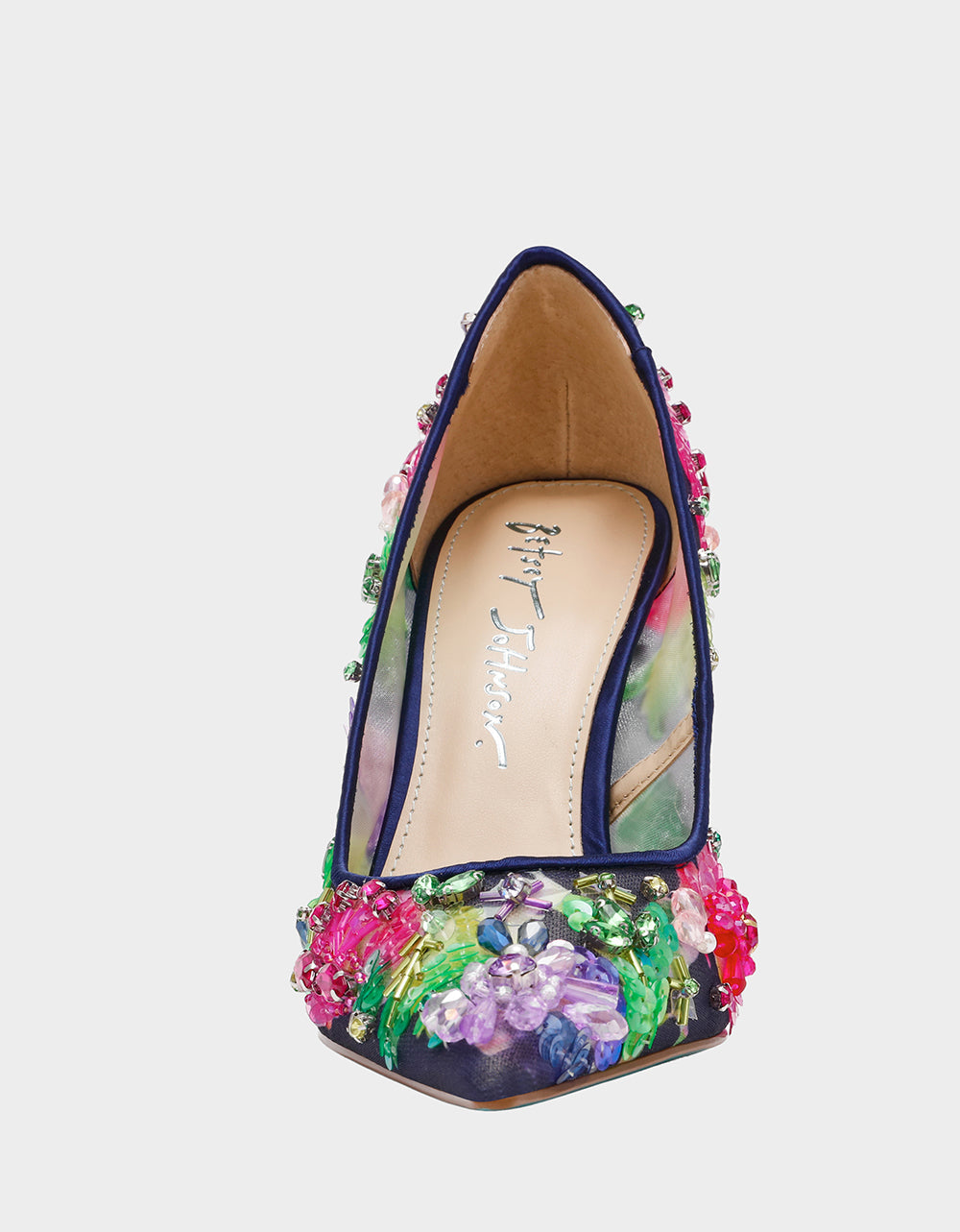 Betsey Johnson NETTA NAVY MULTI Women's Floral Embellished Navy Mesh High Heel