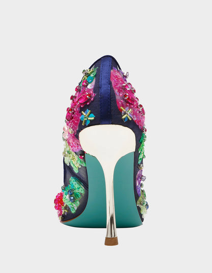 Betsey Johnson NETTA NAVY MULTI Women's Floral Embellished Navy Mesh High Heel