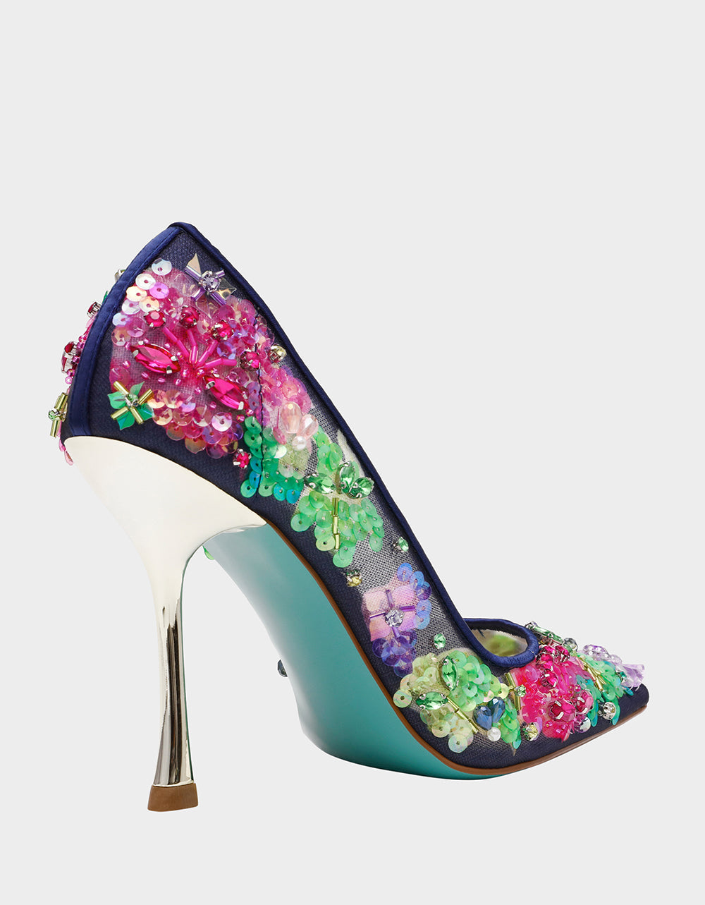 Betsey Johnson NETTA NAVY MULTI Women's Floral Embellished Navy Mesh High Heel