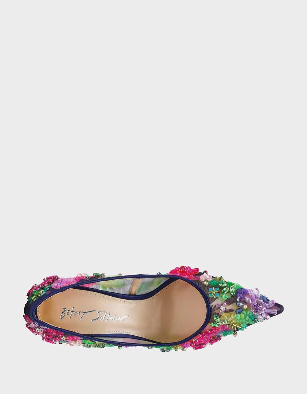 Betsey Johnson NETTA NAVY MULTI Women's Floral Embellished Navy Mesh High Heel
