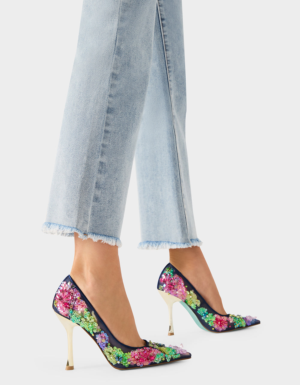 Betsey Johnson NETTA NAVY MULTI Women's Floral Embellished Navy Mesh High Heel