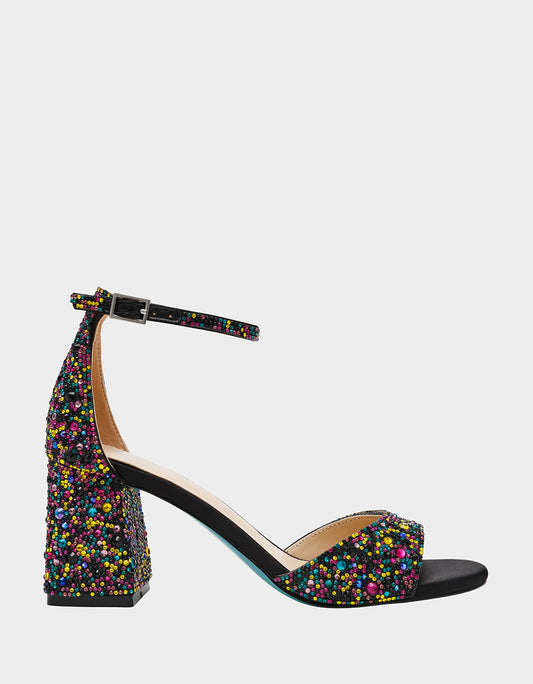 Betsey Johnson KAMI BLACK MULTI Block Heel Open Toe Women's Heel
