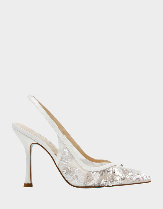 Betsey Johnson EDDIE IVORY Women's Floral Embellished Slingback Mesh High Heel