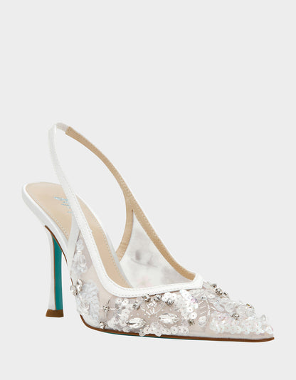 Betsey Johnson EDDIE IVORY Women's Floral Embellished Slingback Mesh High Heel