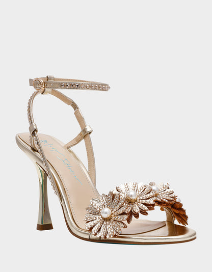 Betsey Johnson MYLEE GOLD Women's Strappy Open-Toe Floral Rhinestone Embellished Heel