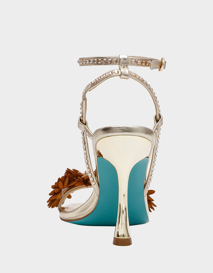 Betsey Johnson MYLEE GOLD Women's Strappy Open-Toe Floral Rhinestone Embellished Heel