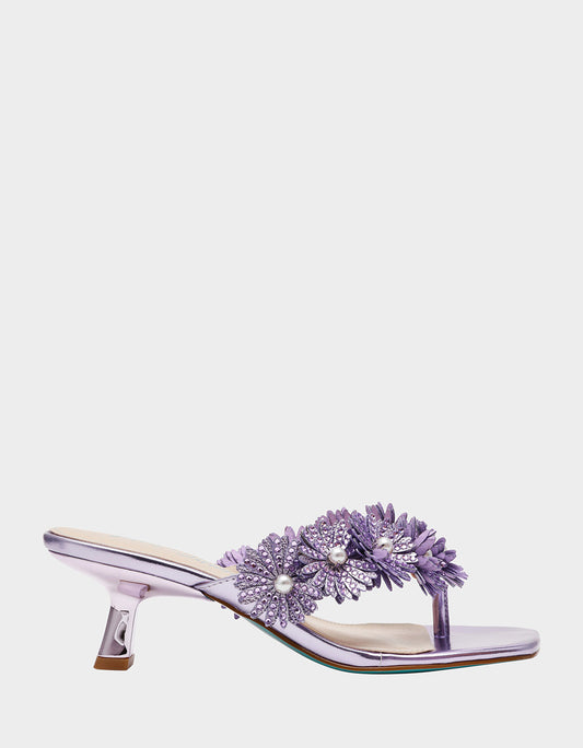 Betsey Johnson LESLI Purple Women's Square-Toe Mule Kitten Heel Rhinestone Embellished Flower Heel
