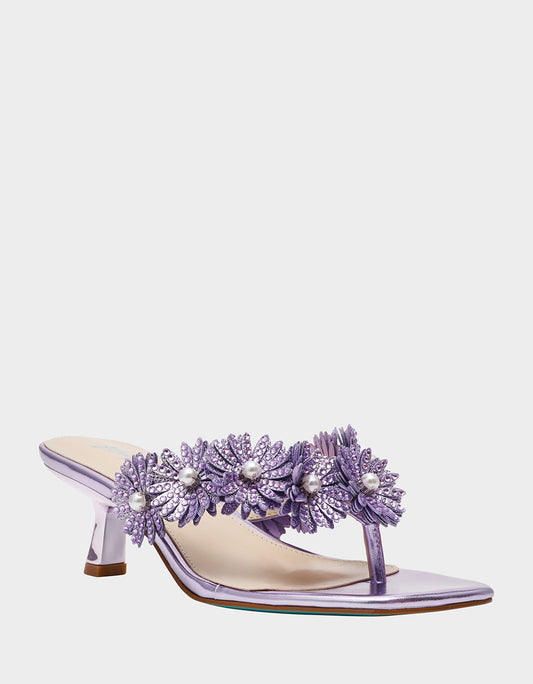 Betsey Johnson LESLI Purple Women's Square-Toe Mule Kitten Heel Rhinestone Embellished Flower Heel