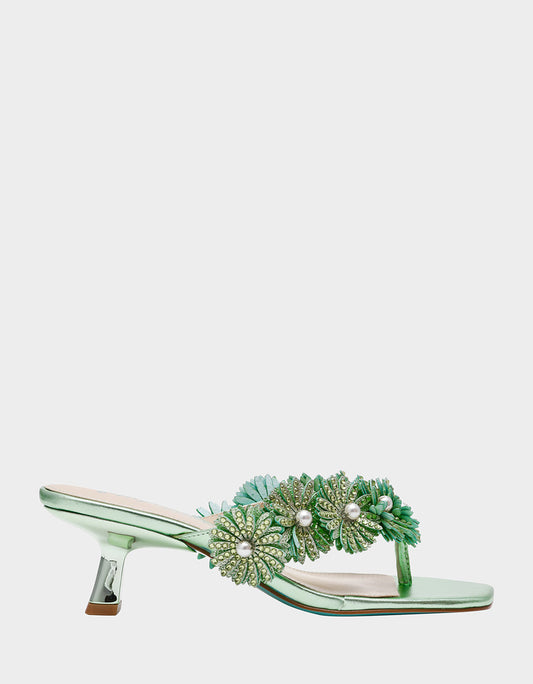 Betsey Johnson LESLI Mint Women's Square-Toe Mule Kitten Heel Rhinestone Embellished Flower Heel
