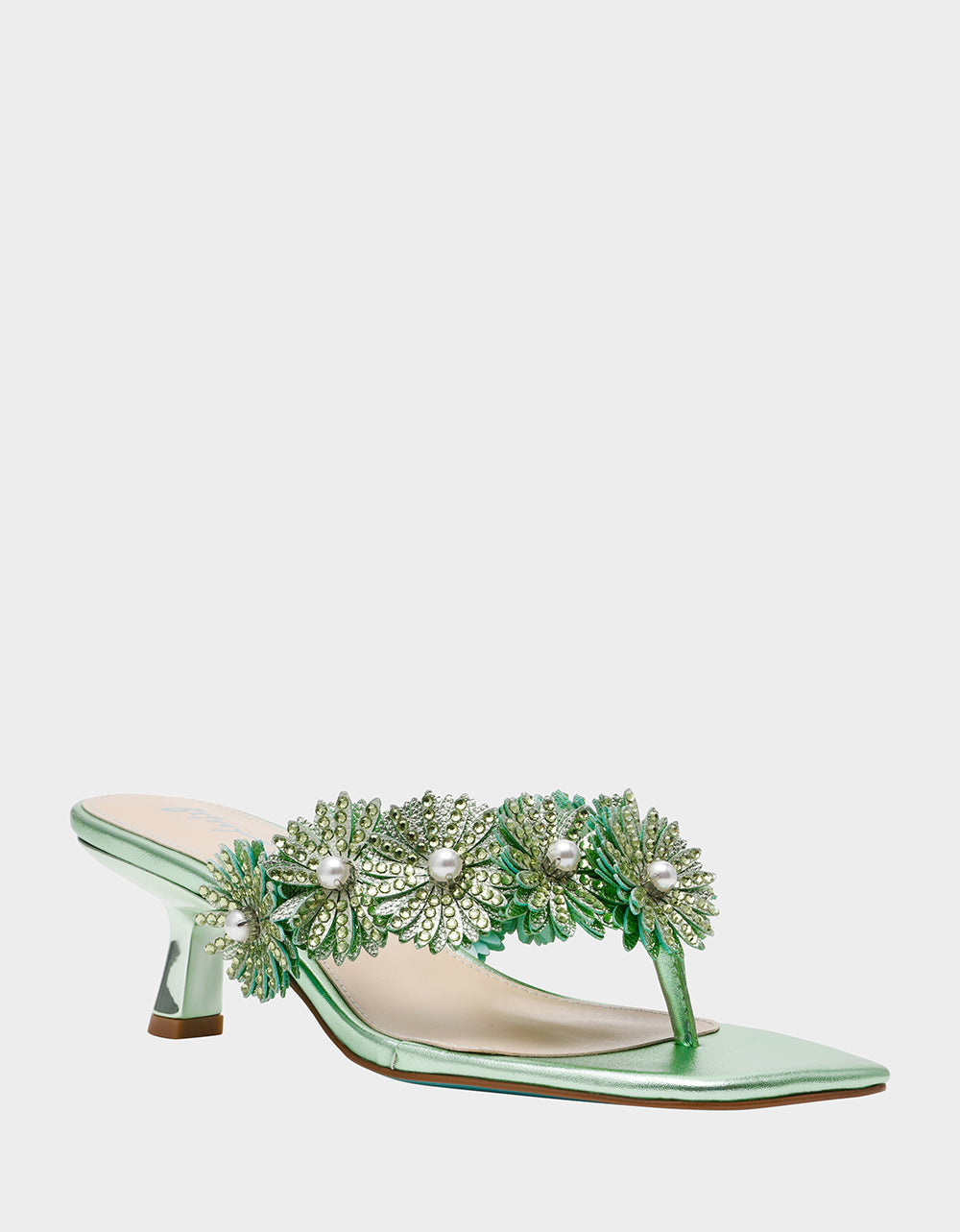 Betsey Johnson LESLI Mint Women's Square-Toe Mule Kitten Heel Rhinestone Embellished Flower Heel
