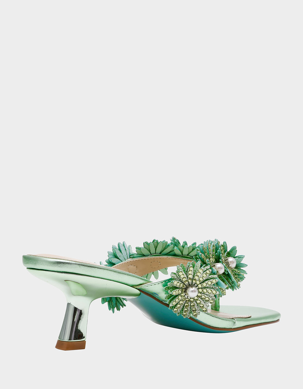Betsey Johnson LESLI Mint Women's Square-Toe Mule Kitten Heel Rhinestone Embellished Flower Heel