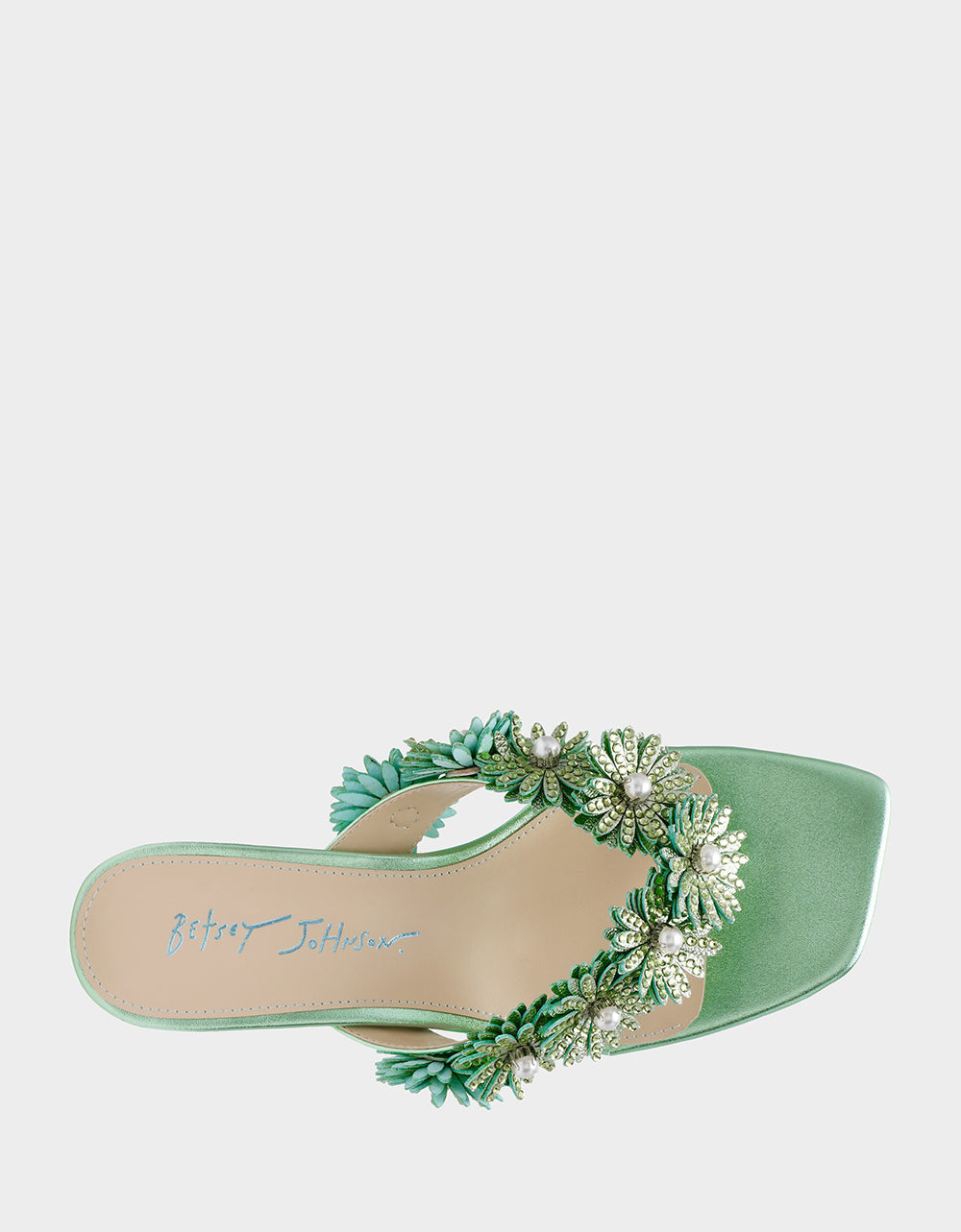 Betsey Johnson LESLI Mint Women's Square-Toe Mule Kitten Heel Rhinestone Embellished Flower Heel